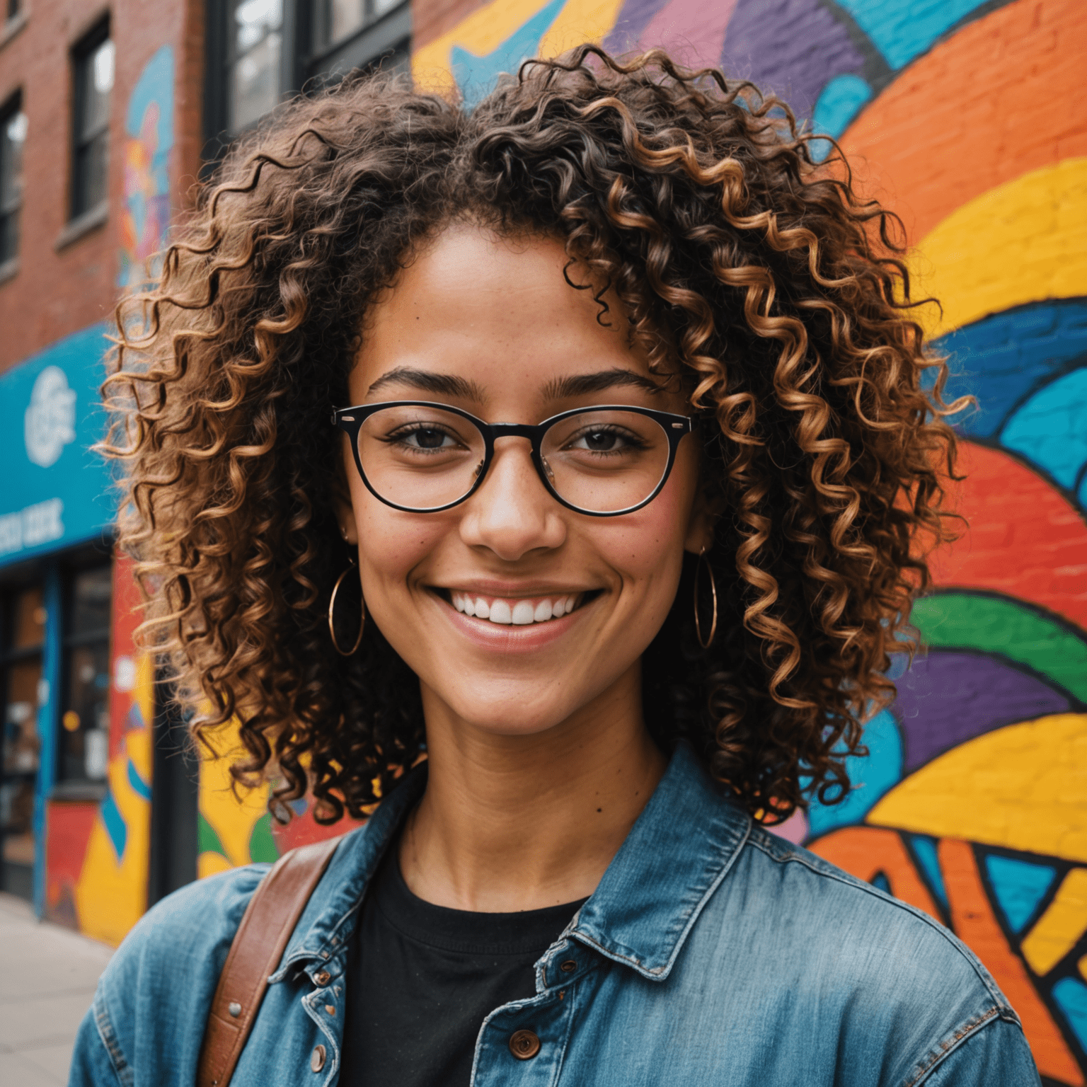 Sarah Johnson, a young woman with curly hair and glasses, smiling in front of a colorful New York City mural