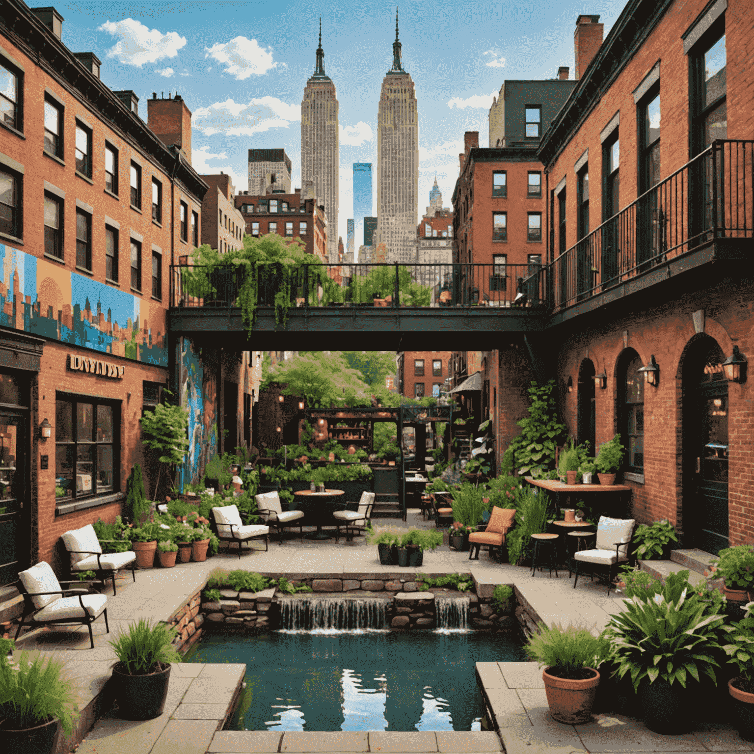 Collage of New York City scenes, including a secret rooftop garden with Manhattan skyline view, a cozy underground jazz club, a colorful mural in Brooklyn, and a hidden waterfall in Central Park