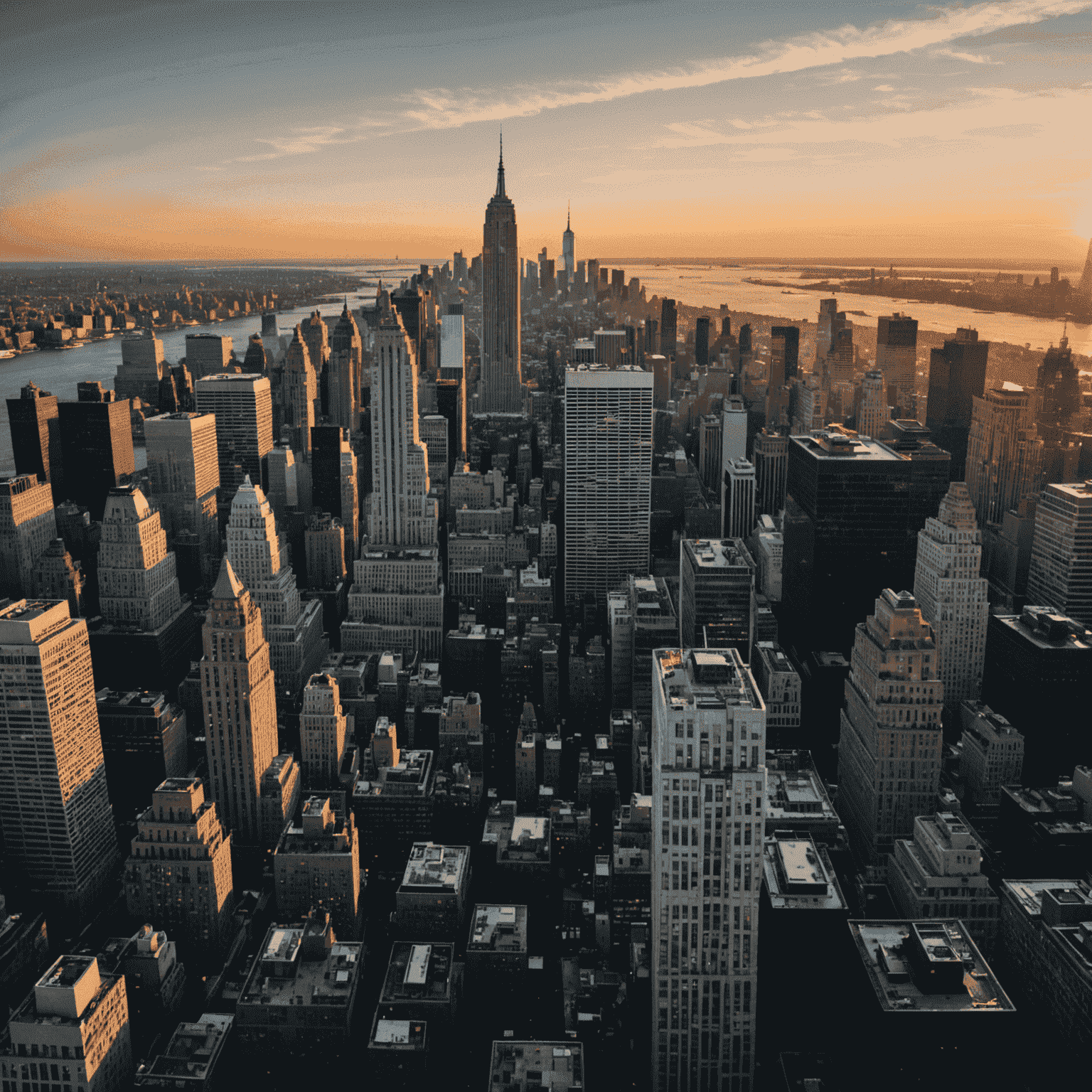 Aerial view of New York City skyline at sunset, focusing on five lesser-known rooftop locations with stunning panoramic views. The image showcases the contrast between the secret spots and the bustling city below.