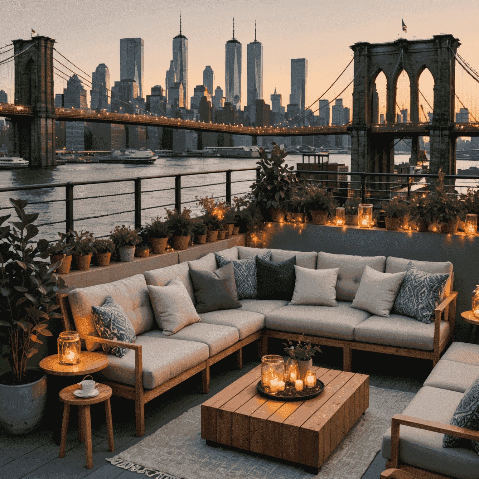 The Wepe Lounge rooftop at sunset, featuring cozy seating areas with fairy lights and potted plants, overlooking the East River and Brooklyn Bridge