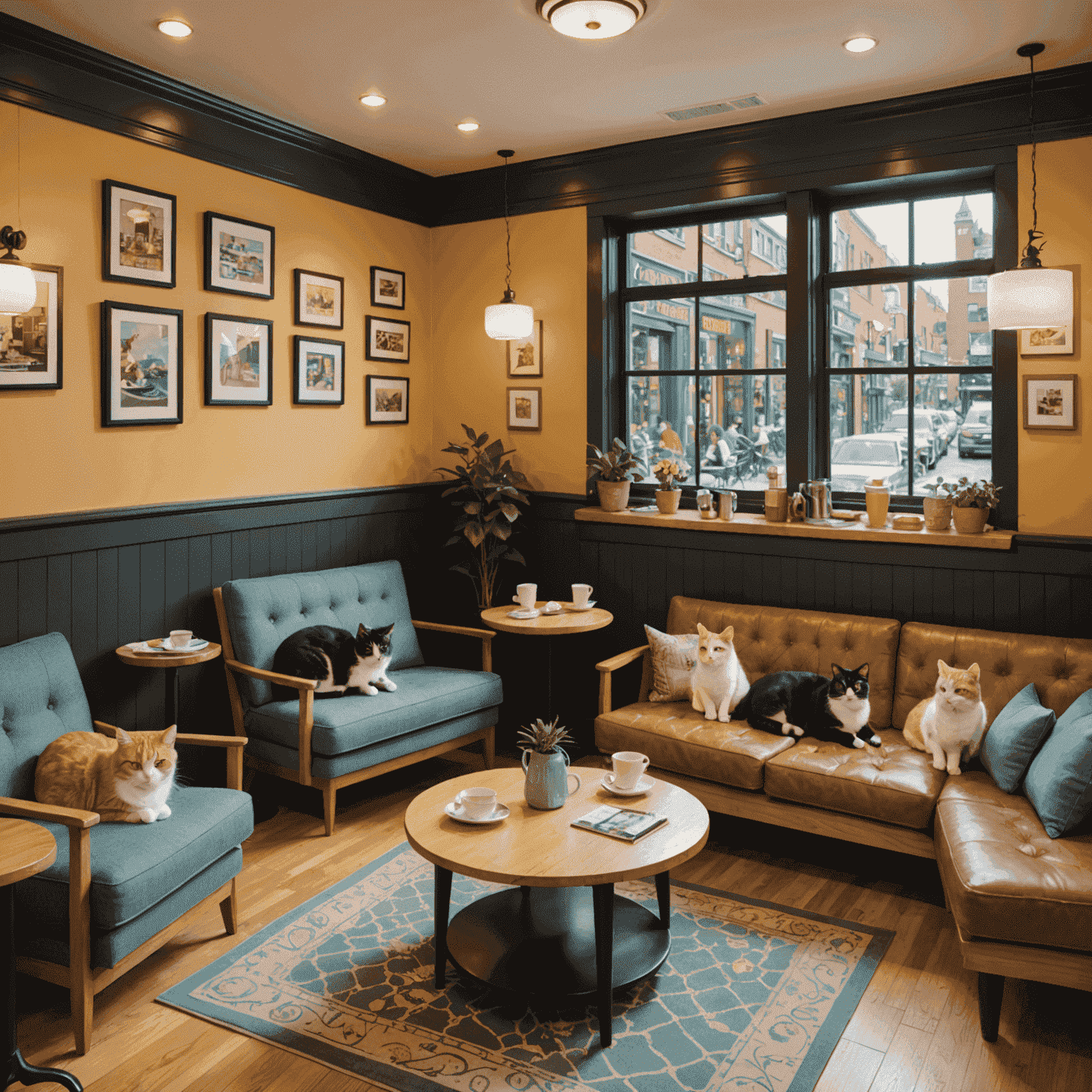 Interior of The Cat's Meow Café, showing cozy seating areas with cats lounging on cushions and patrons enjoying coffee