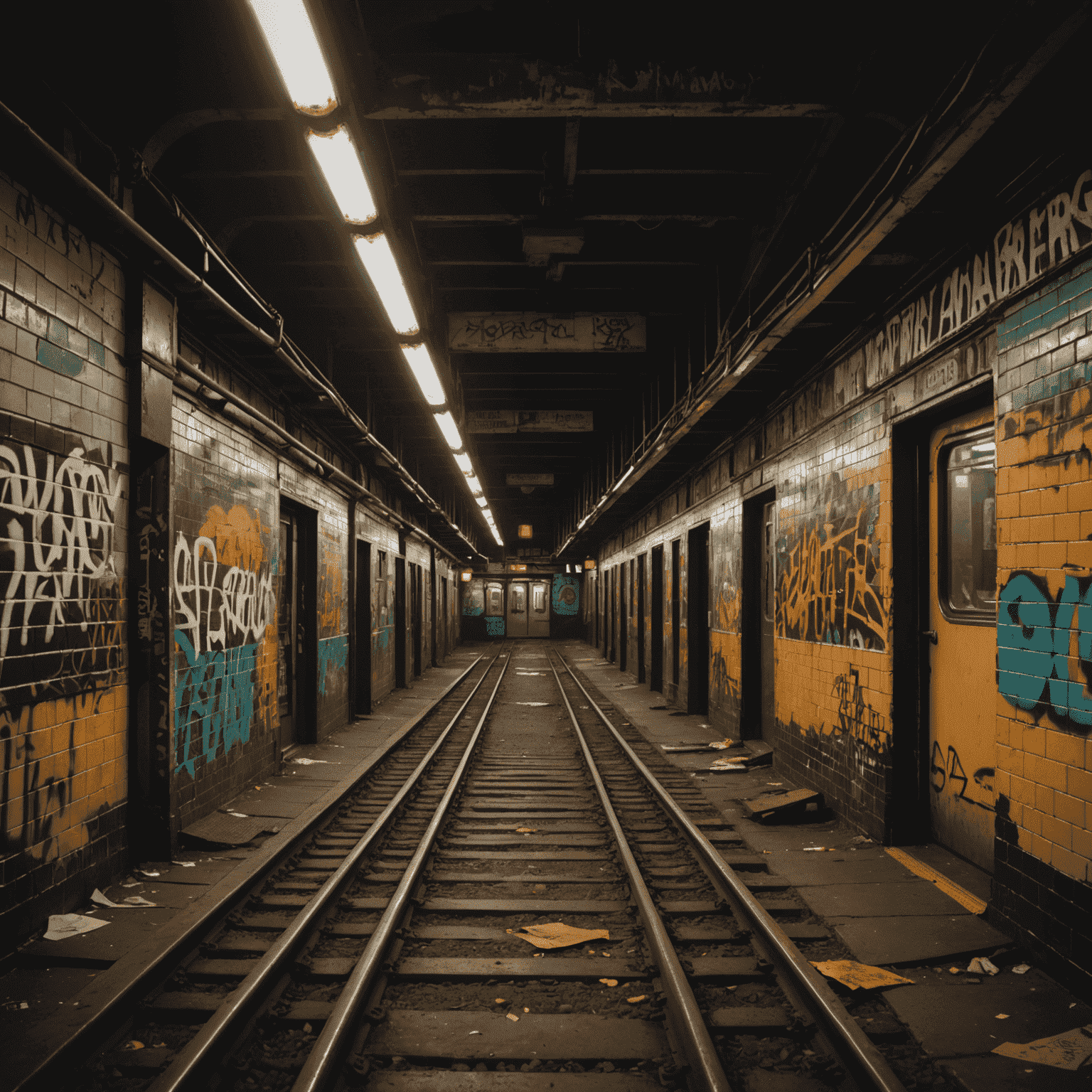 A dimly lit, abandoned subway station with graffiti-covered walls and rusty tracks, showcasing the eerie beauty of New York City's underground world