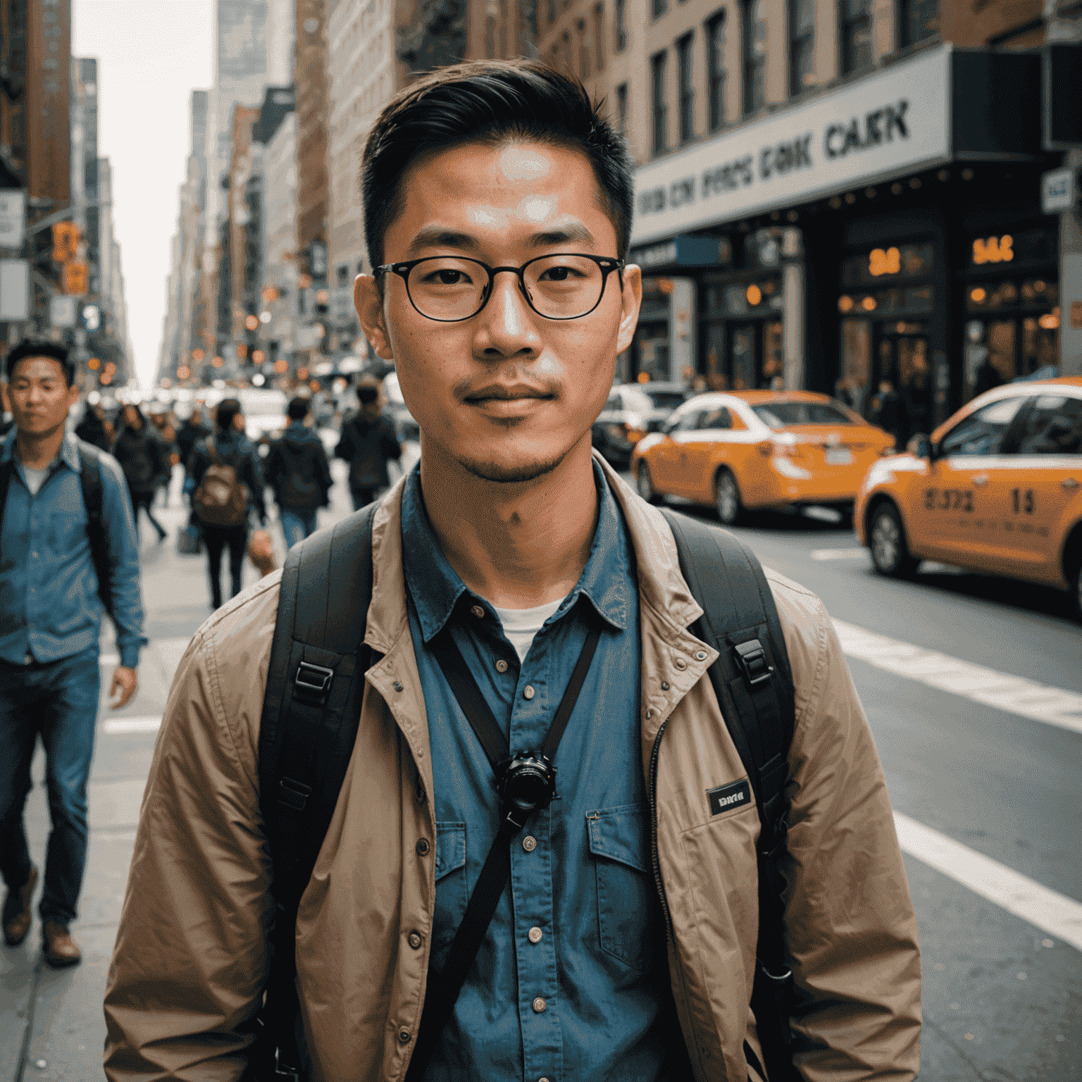 Mike Chen, an Asian-American man in his 30s, taking a photo with a professional camera in a bustling New York City street