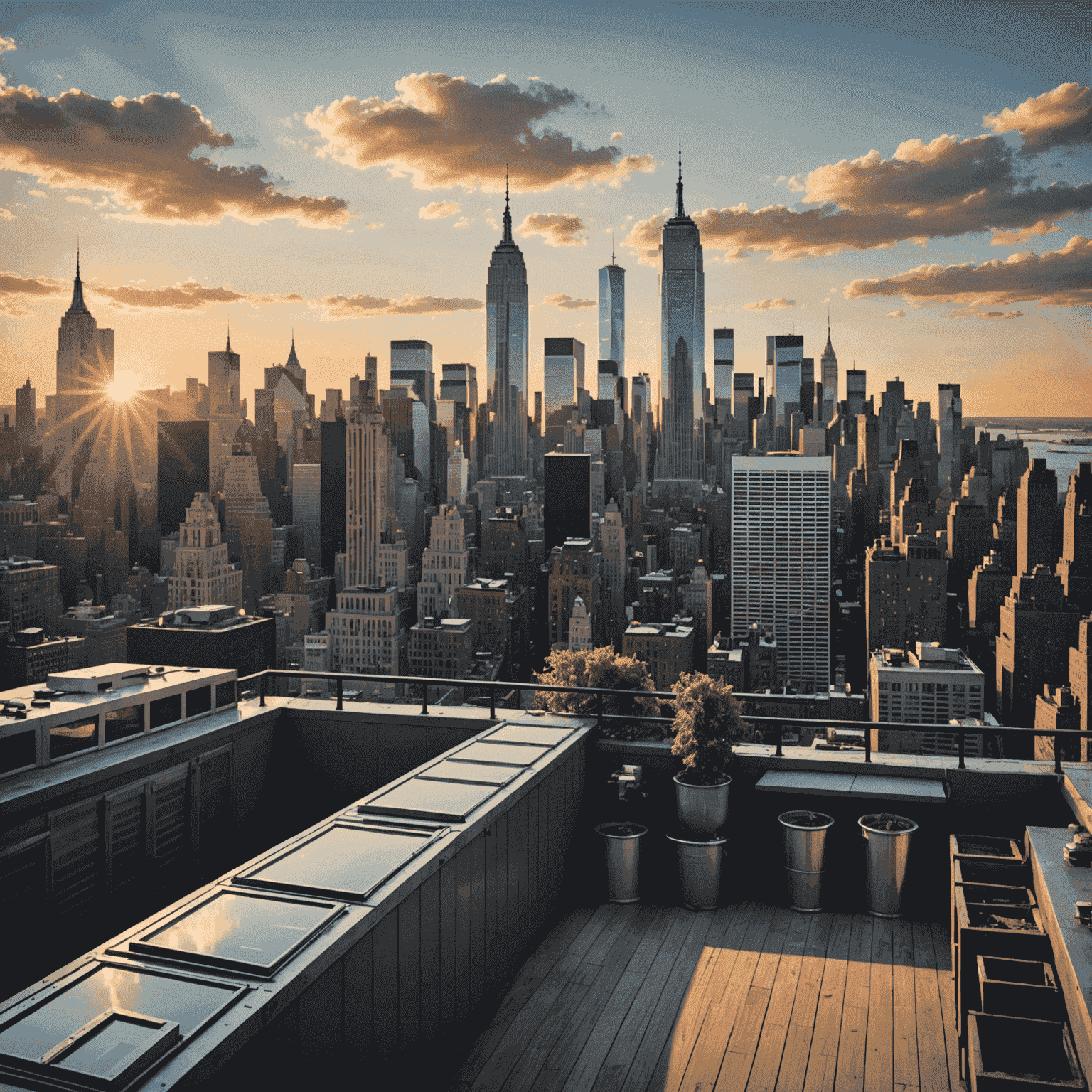 A panoramic view of New York City skyline from a secret rooftop, showing iconic skyscrapers and the sunset over the Hudson River