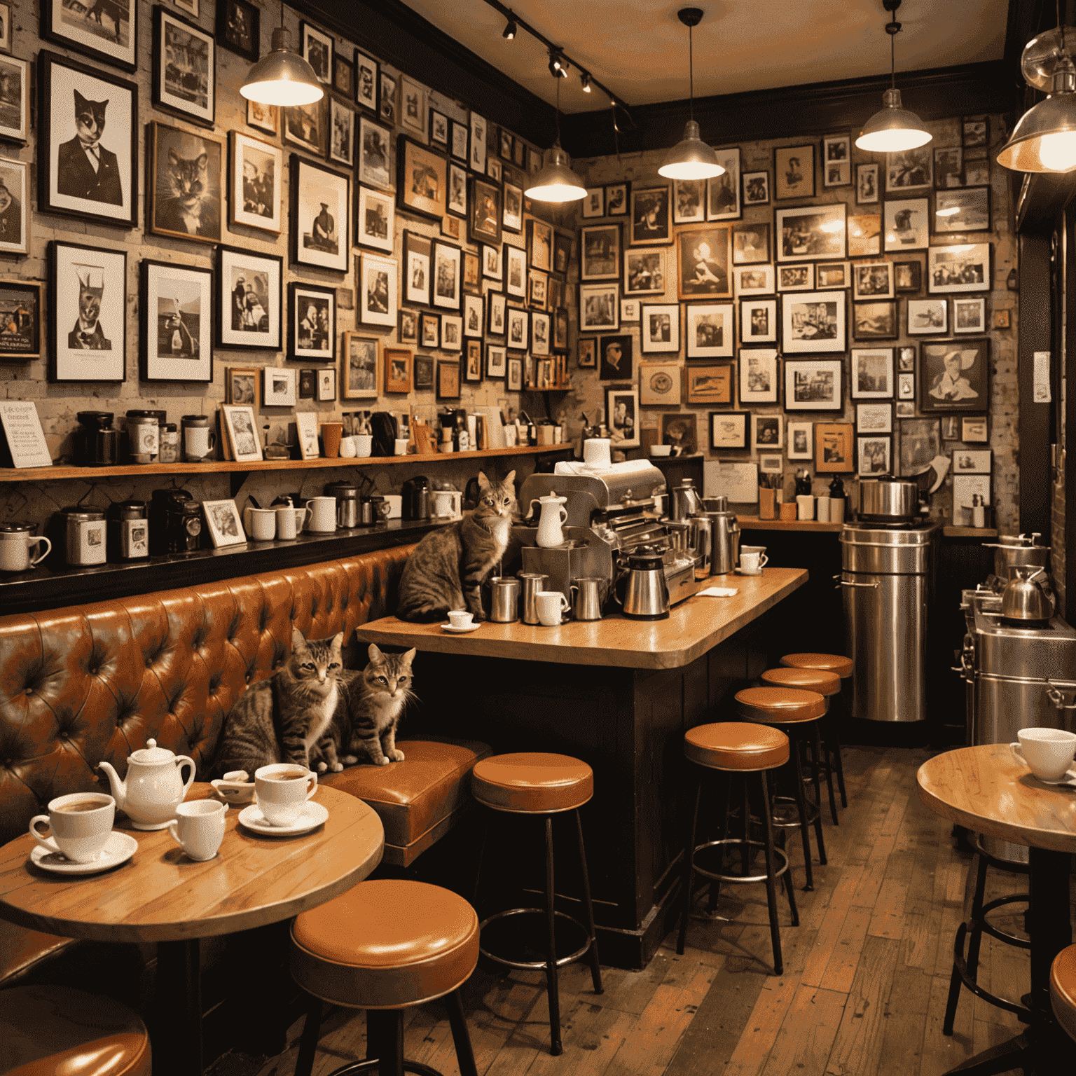 Collage of unique and eccentric café interiors in New York City, featuring cat-themed décor, book-lined walls, and unusual coffee presentation methods. The image captures the diverse and creative atmosphere of NYC's coffee culture.