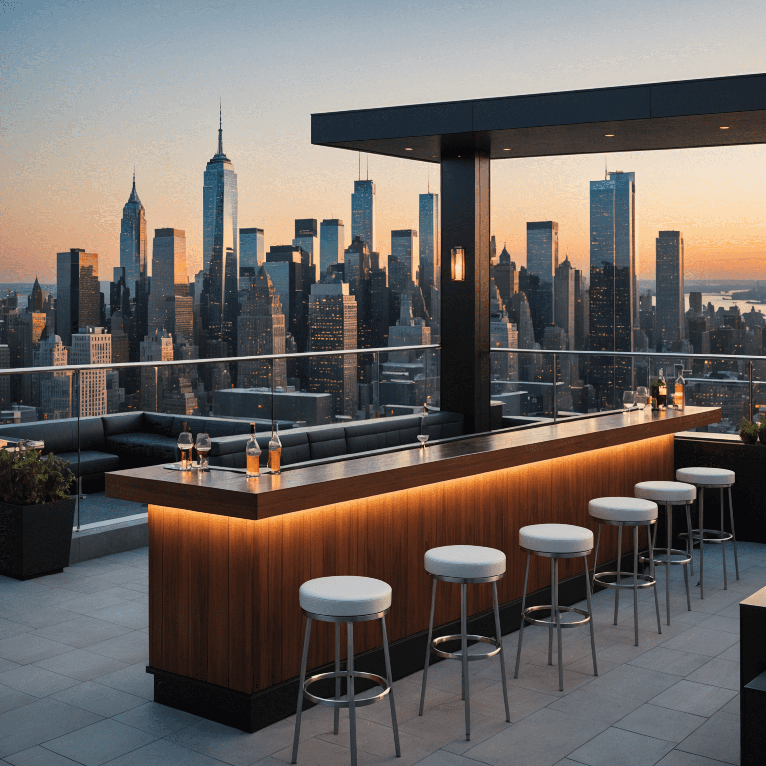 Skyline Sanctuary rooftop bar with sleek modern design, featuring a glass balustrade and minimalist furniture, showcasing a panoramic view of Midtown Manhattan