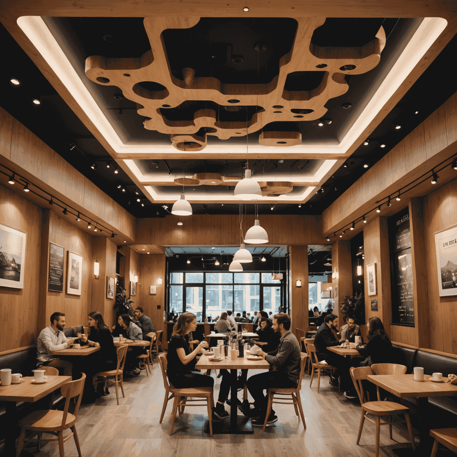 The Upside Down café interior with inverted furniture on the ceiling and patrons drinking coffee at normal tables below