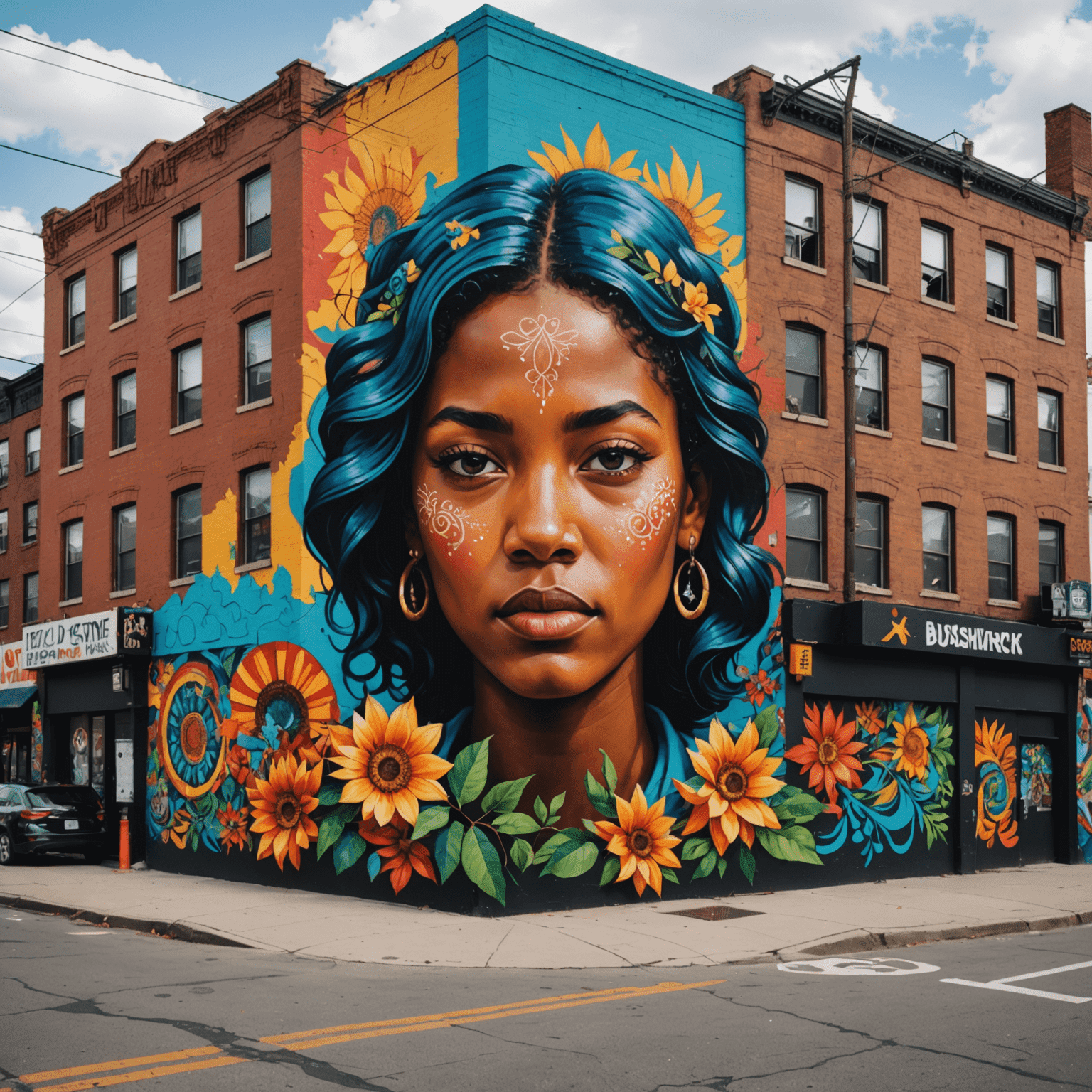 A street corner in Bushwick showcasing multiple large-scale murals with bright colors and intricate designs