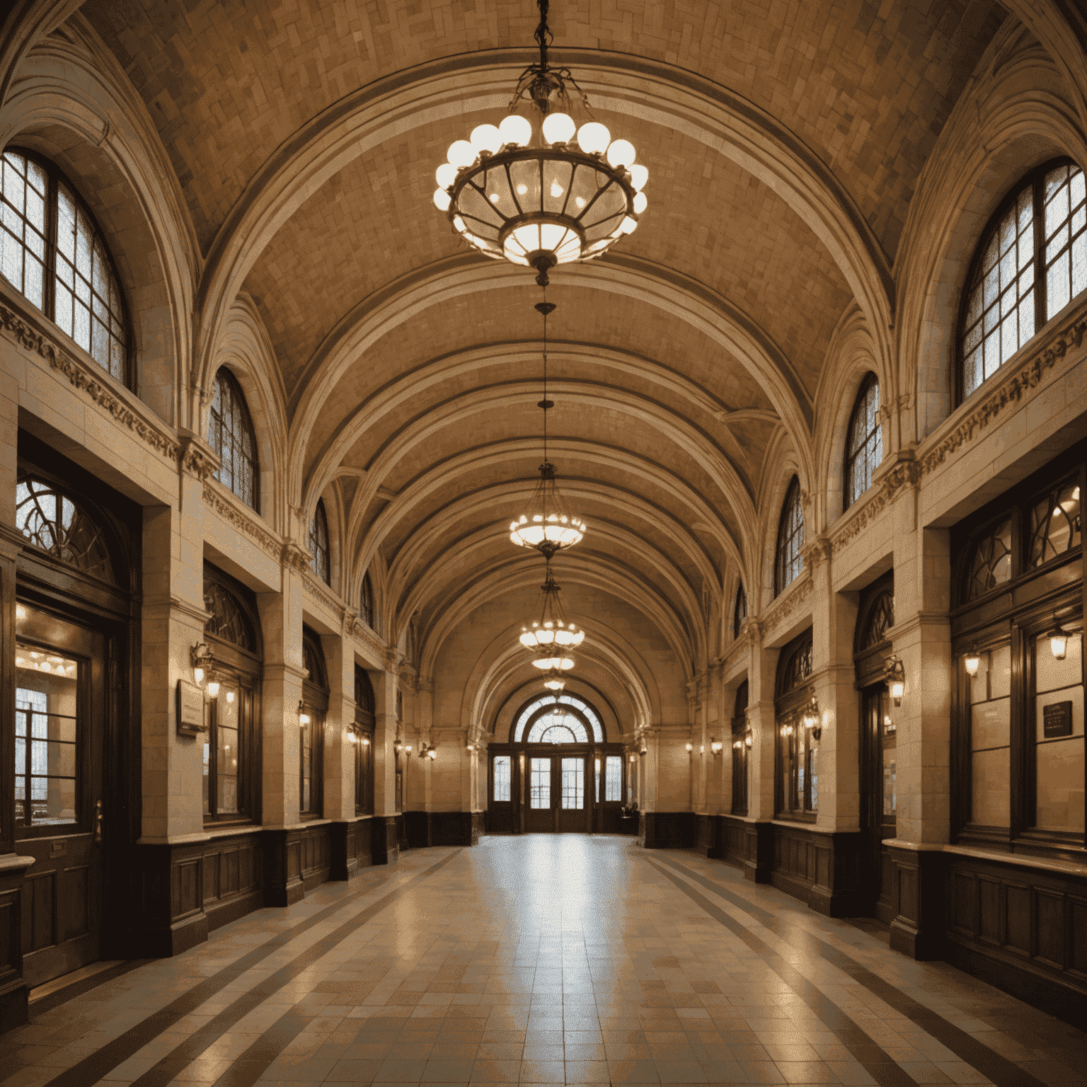 The beautifully preserved City Hall Station with its vaulted tile ceilings, brass fixtures, and curved platform, bathed in a soft, ethereal light