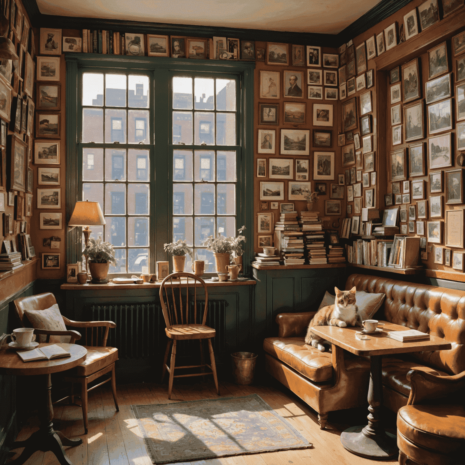 Interior of an eccentric New York café with mismatched vintage furniture, book-lined walls, and a cat lounging on a windowsill