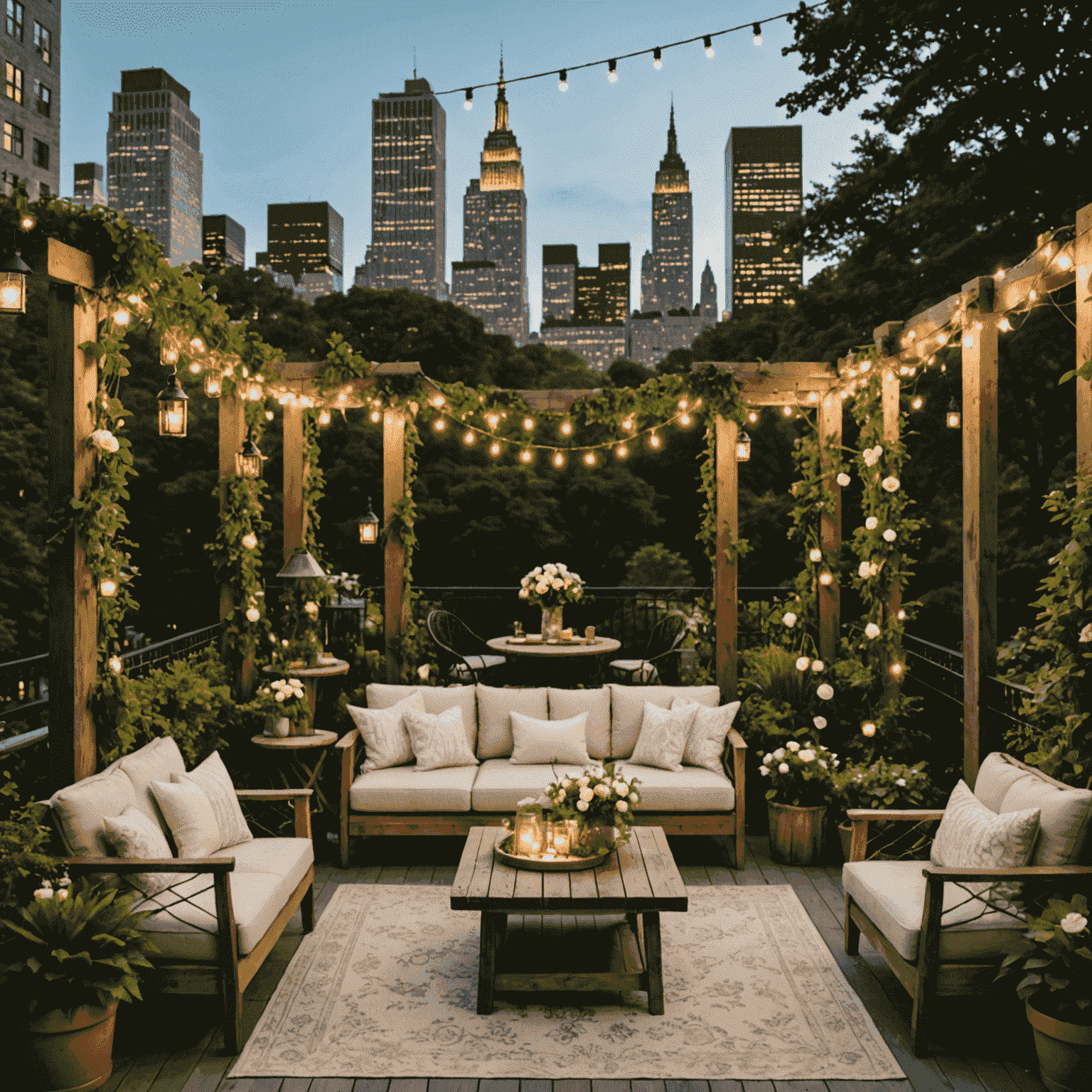 The Secret Garden rooftop, lush with greenery and flowers, featuring rustic wooden furniture and string lights, overlooking Central Park