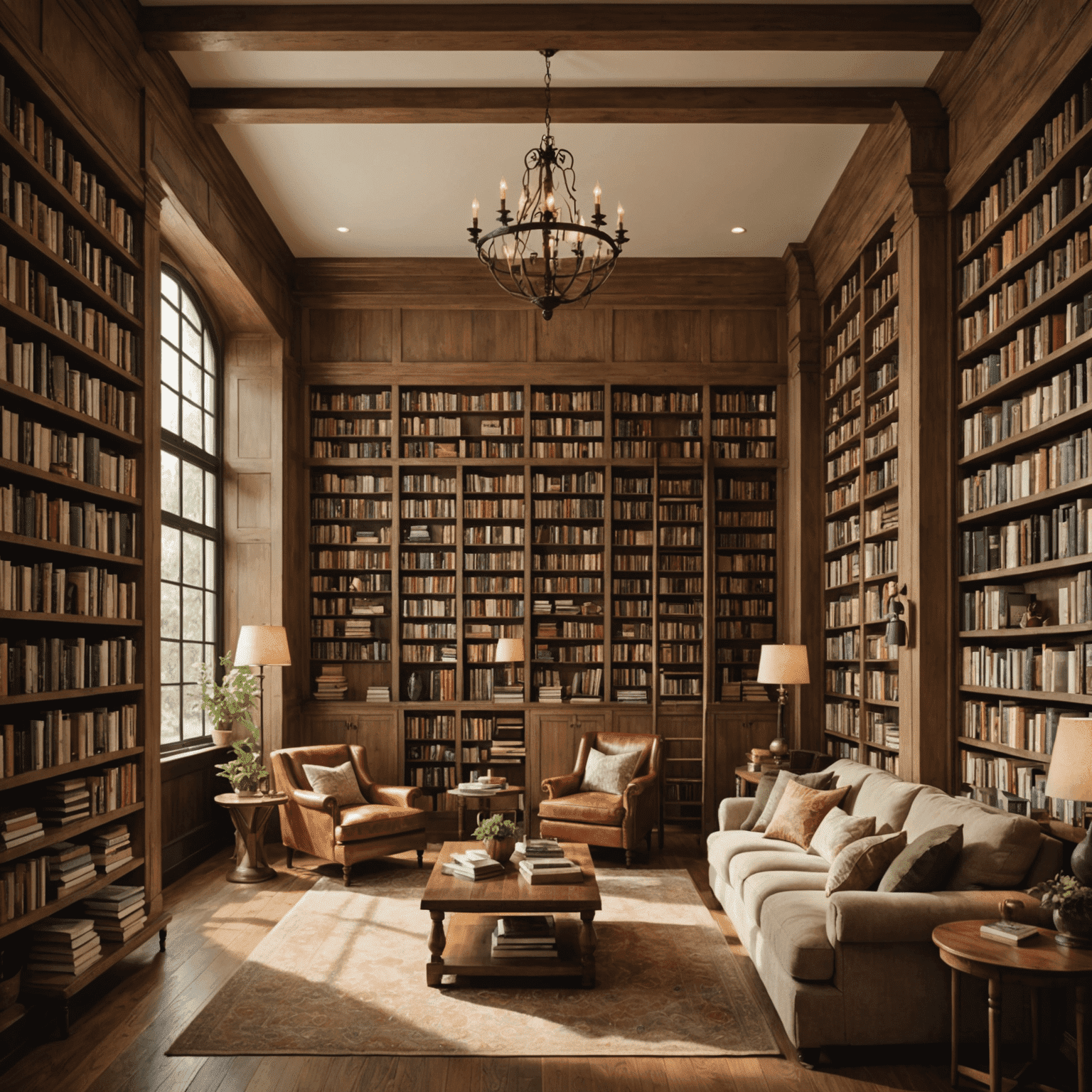 Cozy interior of Bookworm's Paradise with floor-to-ceiling bookshelves, reading nooks, and patrons enjoying coffee and books