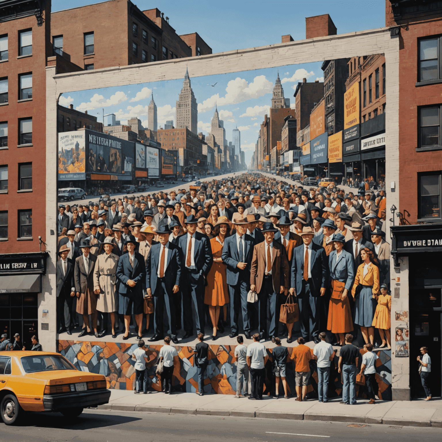 The Bowery Wall featuring a large-scale mural with political or social commentary, surrounded by pedestrians and city traffic