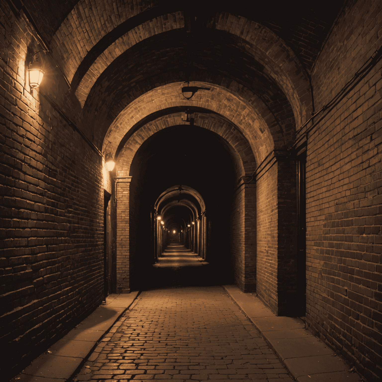 The dark and mysterious Atlantic Avenue Tunnel, with its arched brick walls and narrow passageway stretching into the distance, illuminated by a single beam of light