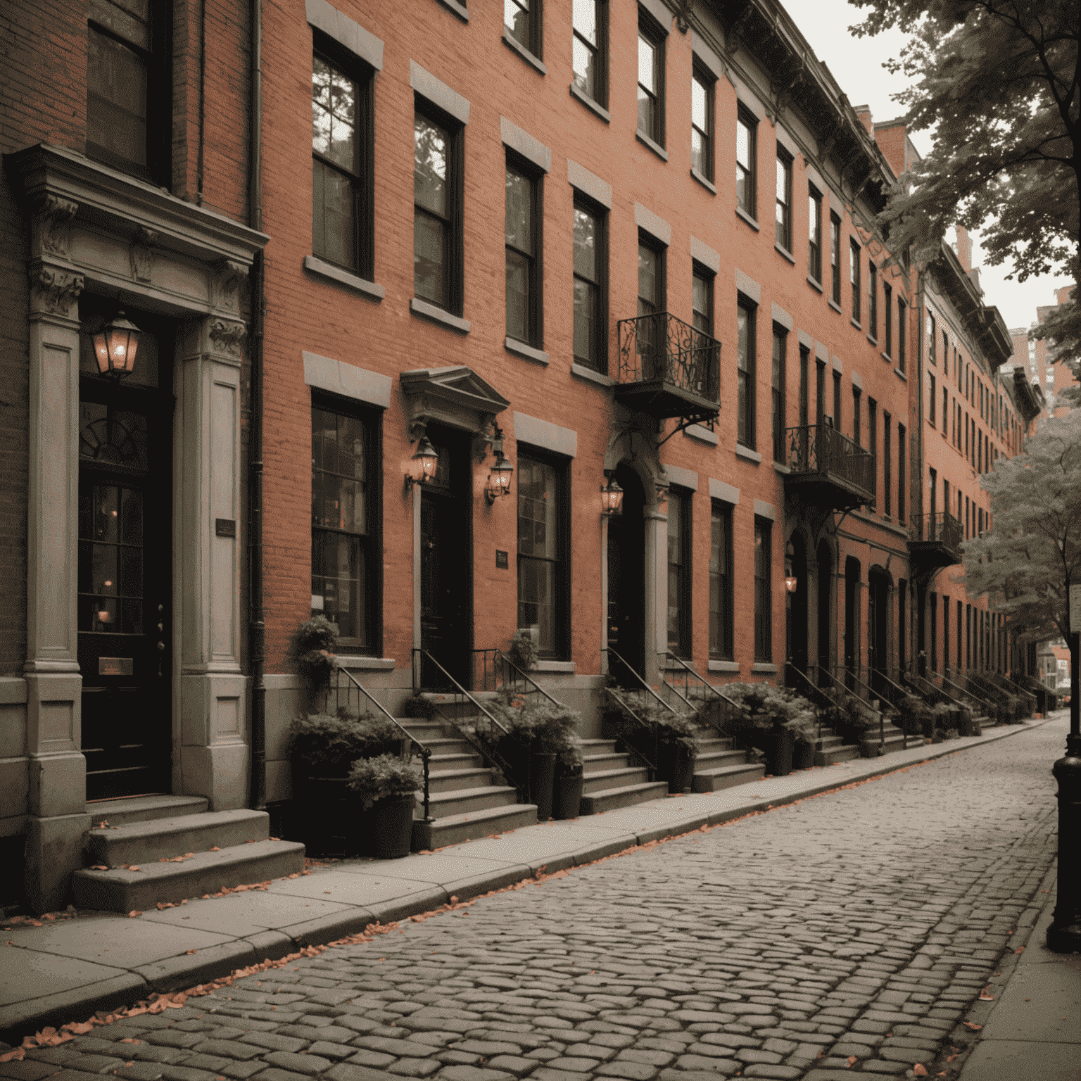 A cobblestone street in a hidden historic New York neighborhood, lined with brownstone buildings and vintage lampposts