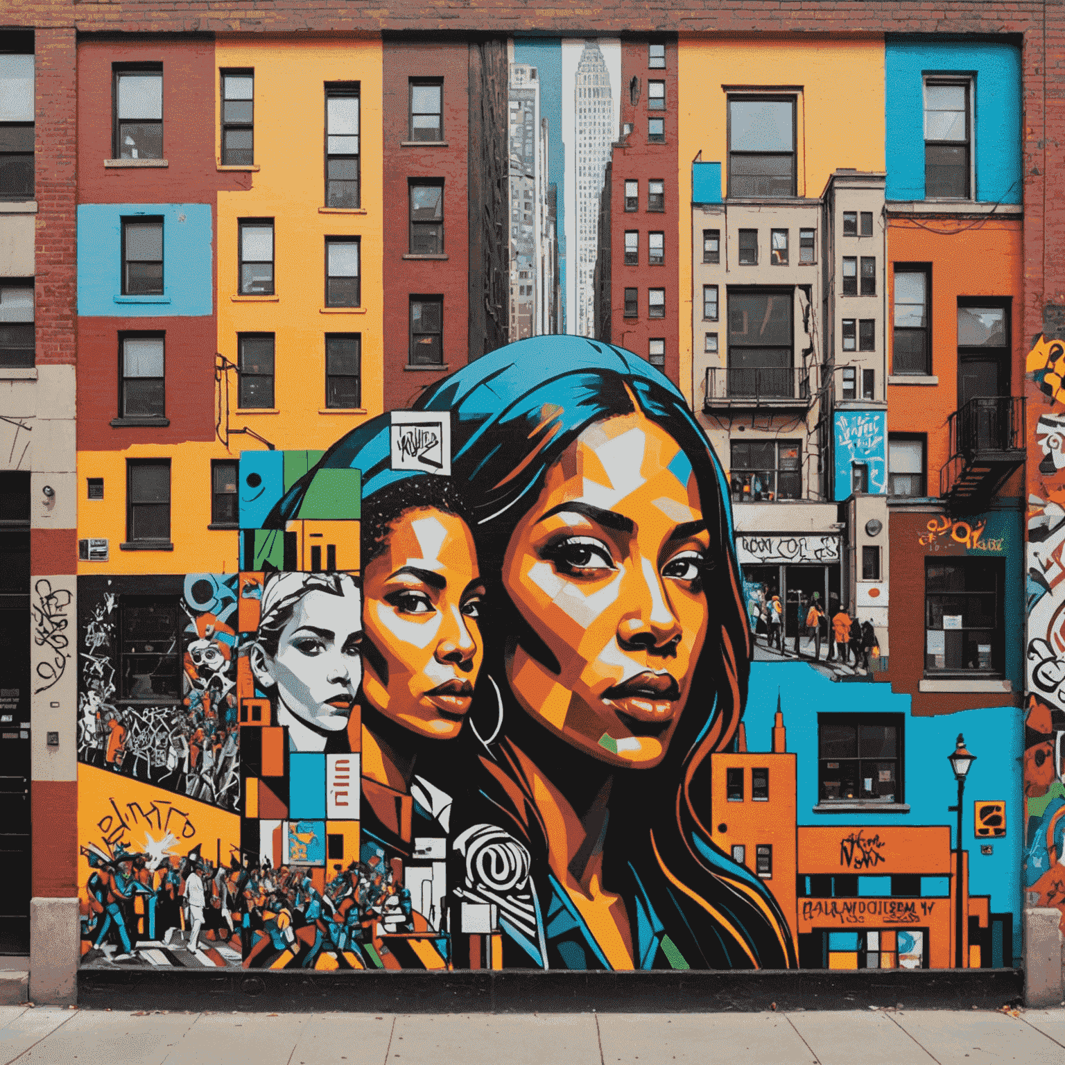 Vibrant collage of large-scale murals and street art pieces from various New York City neighborhoods. The image showcases diverse styles, colors, and themes, representing the city's dynamic street art scene.