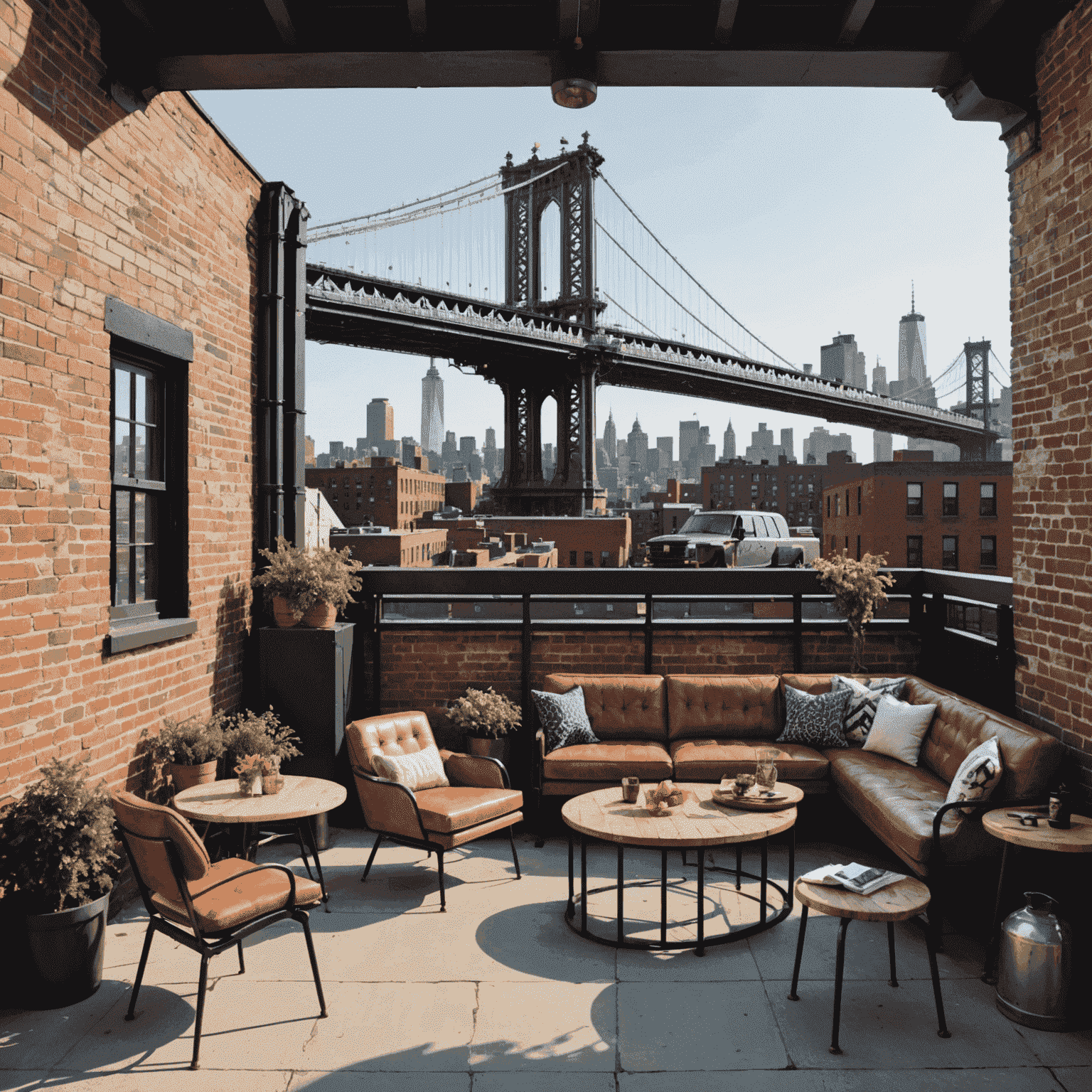 Industrial Heights rooftop featuring exposed brick walls, metal fixtures, and vintage furniture, with a stunning view of the Manhattan Bridge and DUMBO neighborhood