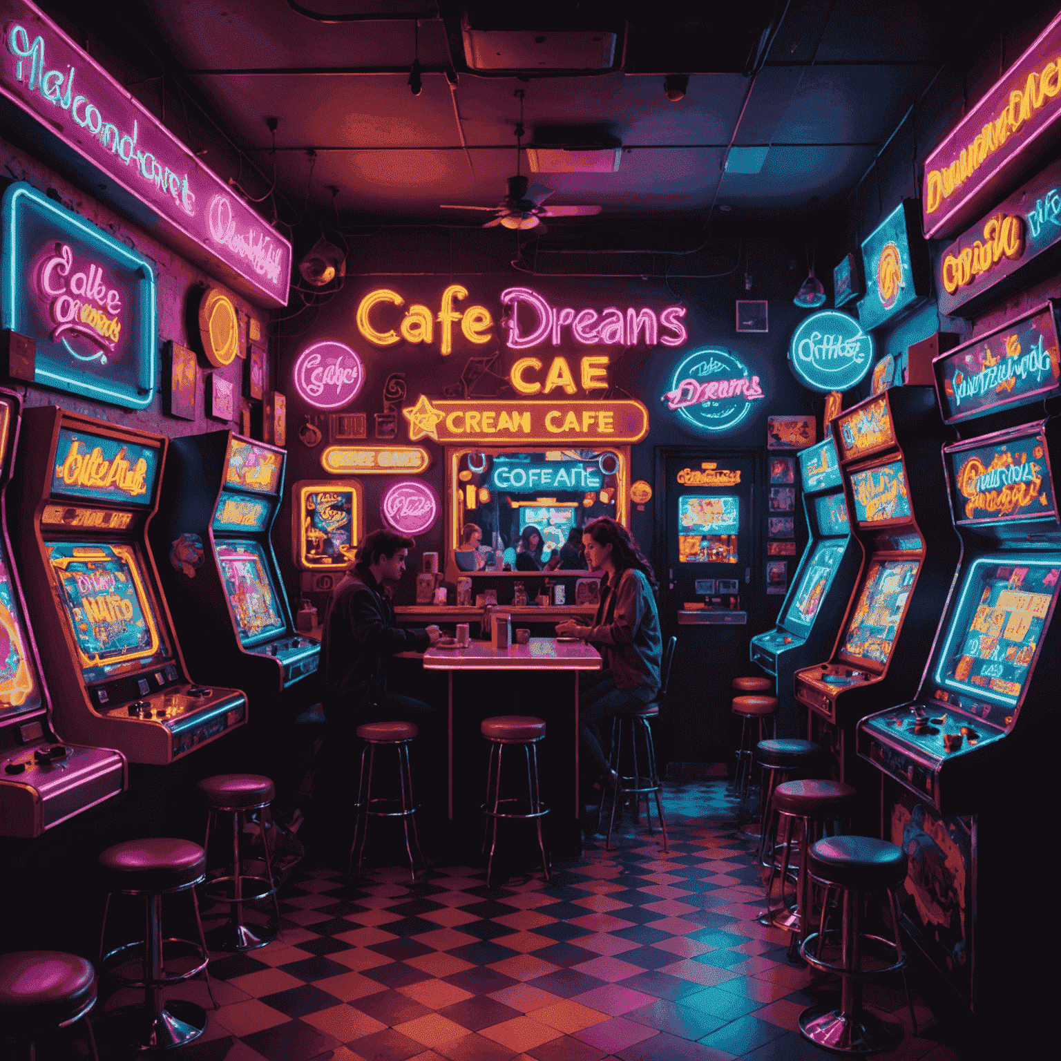 Vibrant interior of Neon Dreams café with colorful neon signs, retro arcade games, and customers enjoying coffee in a nostalgic 80s atmosphere