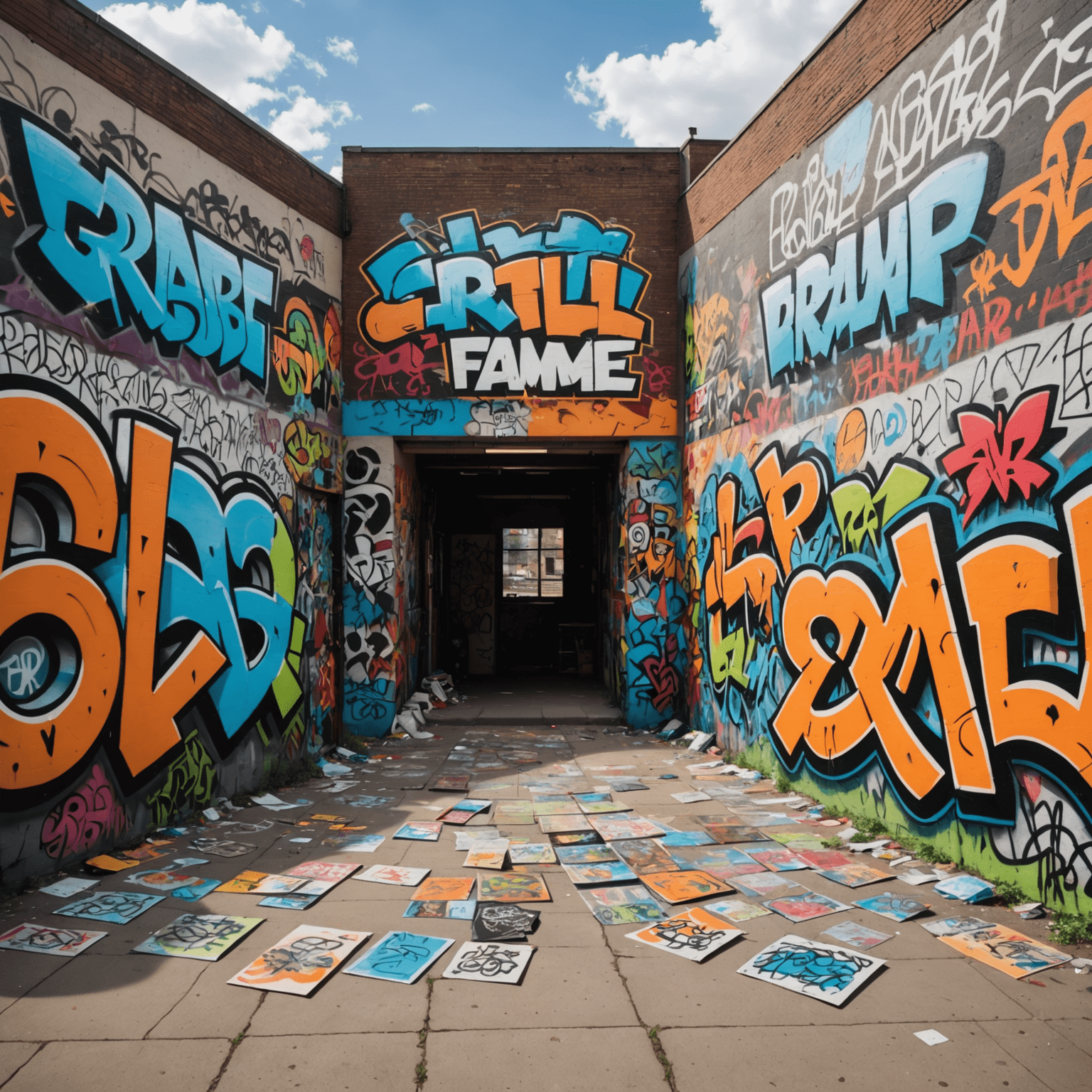 A panoramic view of the Graffiti Hall of Fame schoolyard, filled with colorful graffiti pieces and tags from various artists