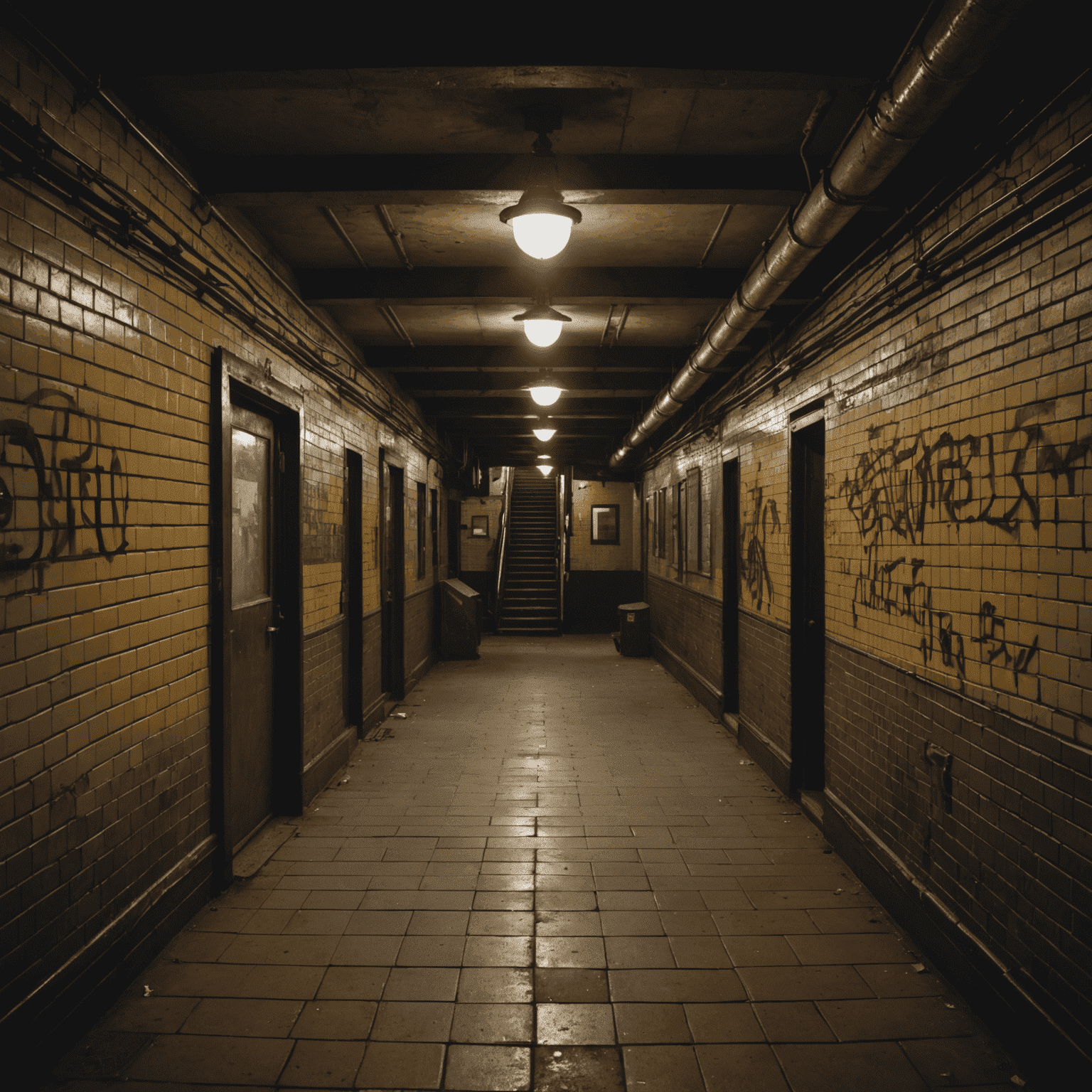 Mysterious and atmospheric image of abandoned subway tunnels and stations in New York City. The photo captures the eerie beauty of these forgotten underground spaces, with old tiled walls, vintage signage, and dimly lit passages.