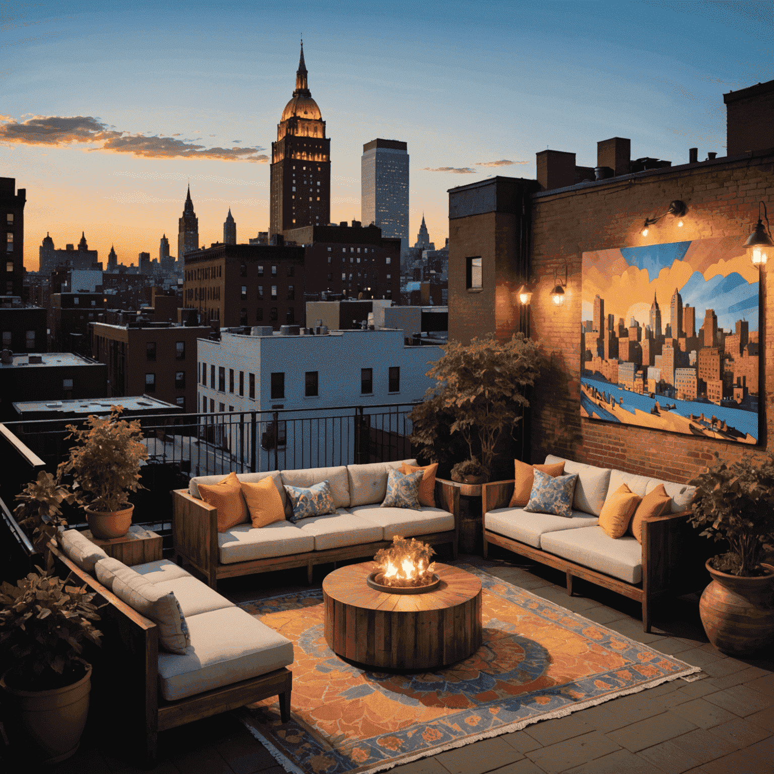 Harlem's Heaven rooftop lounge with colorful murals, eclectic furniture, and a small stage for live performances, showcasing a view of Harlem's historic brownstones and the distant Midtown skyline