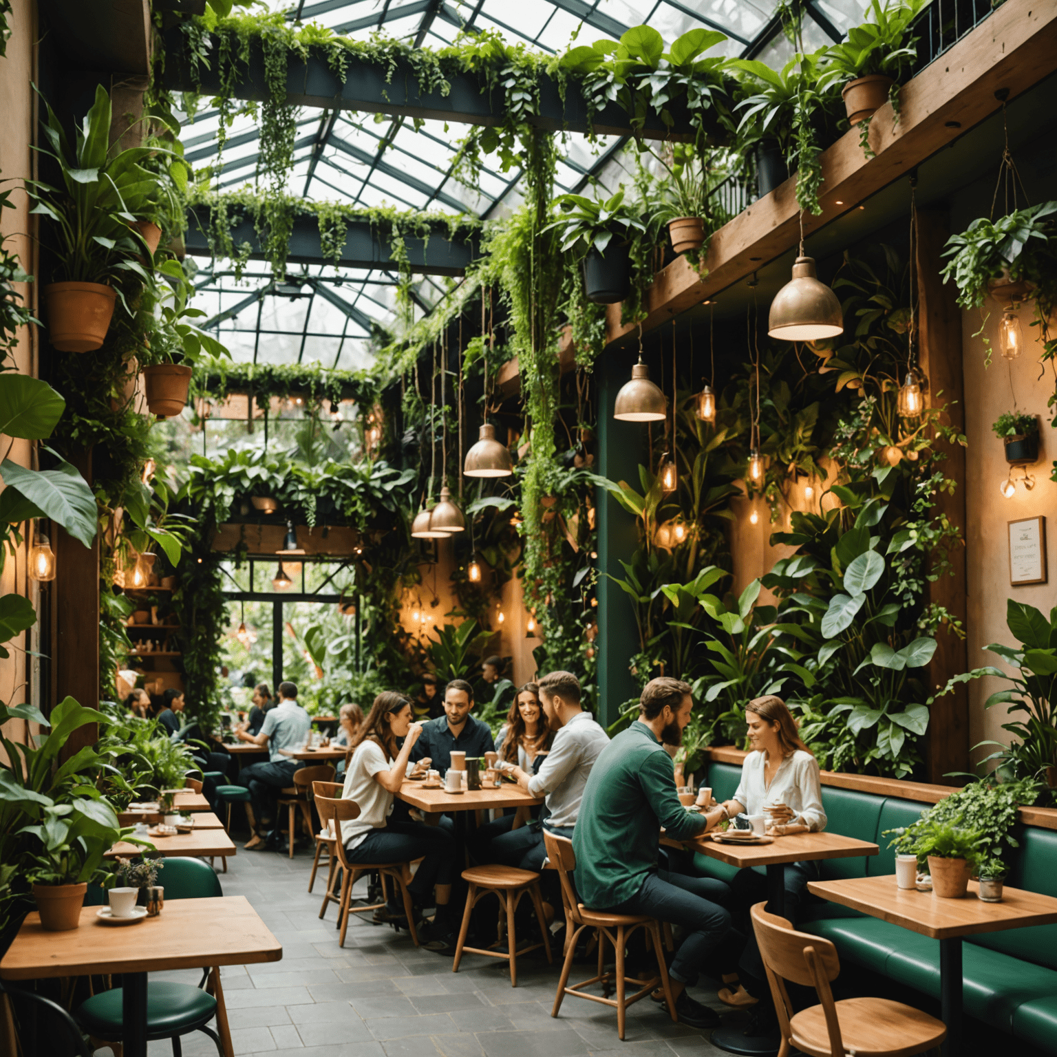 Lush, green interior of The Secret Garden café with hanging plants, a living wall, and patrons enjoying coffee amidst the foliage