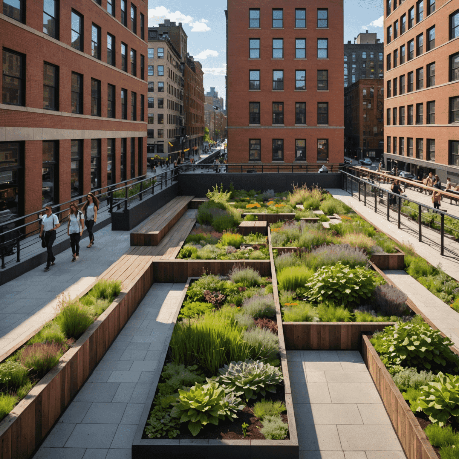 A section of the High Line featuring a large mural integrated with the surrounding greenery and architecture