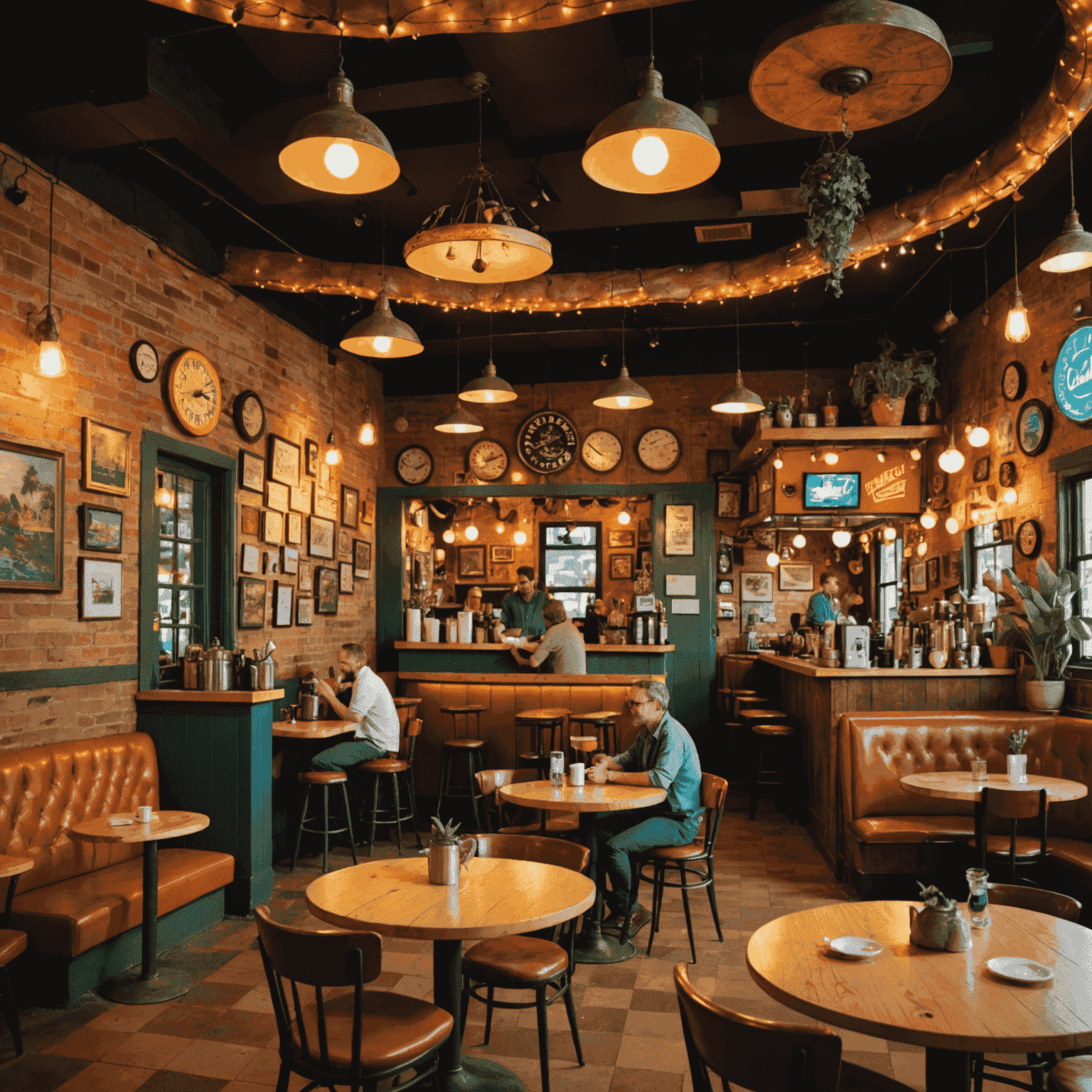 Eccentric interior of Wepe's Wacky Watering Hole with mismatched furniture, quirky art installations, and patrons enjoying uniquely presented coffee drinks