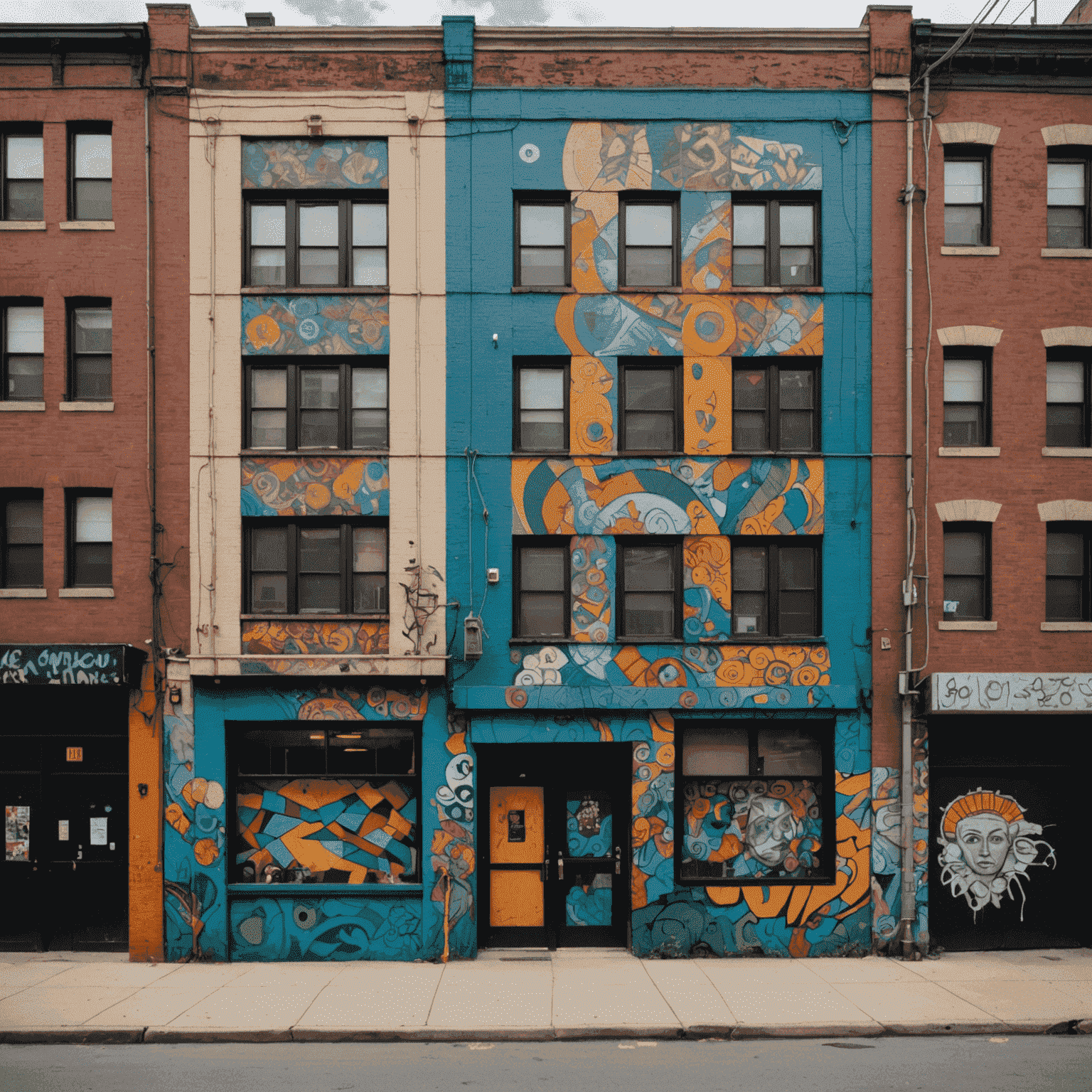 A street in Long Island City with buildings covered in diverse murals, ranging from abstract designs to realistic portraits